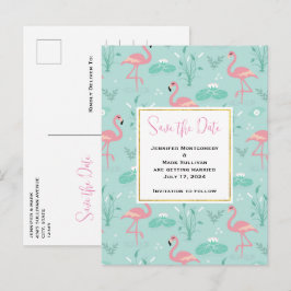Postal De Invitación Patrón verde Pastel Pink Flamingos Guardar fecha
