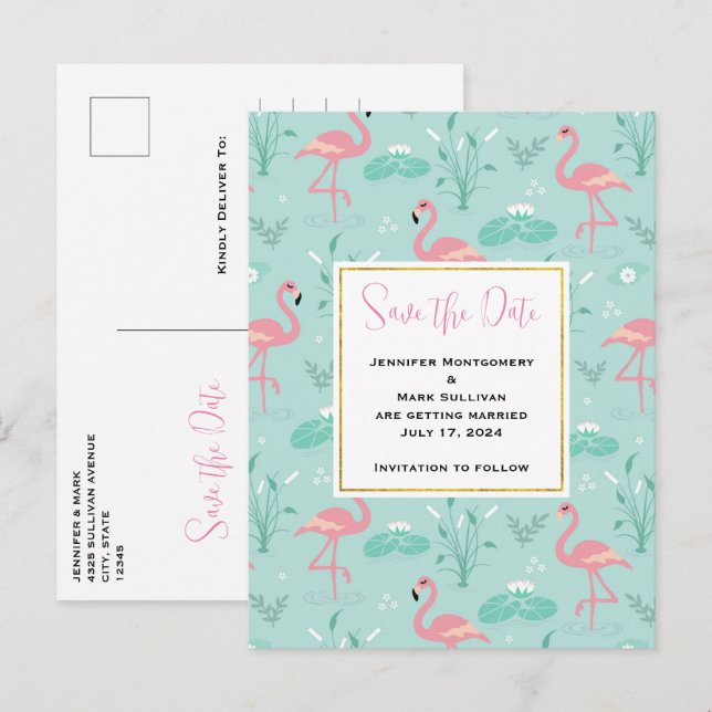 Postal De Invitación Patrón verde Pastel Pink Flamingos Guardar fecha (Anverso / Reverso)