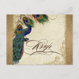 Postal De Invitación Pavo real y plumas vintage aspecto dorado damasco