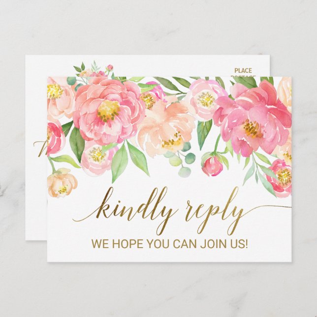 Postal De Invitación Peach and Pink Peony Flowers RSVP (Anverso / Reverso)