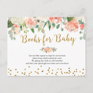 Postal De Invitación Peach Floral Baby Shower Books para el bebé