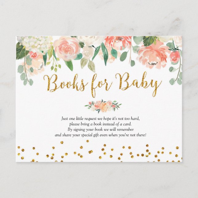 Postal De Invitación Peach Floral Baby Shower Books para el bebé (Anverso)