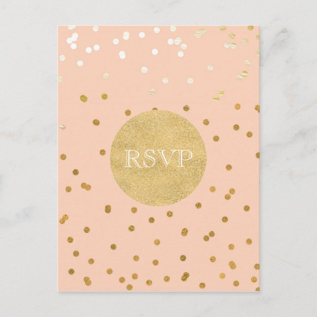 Postal De Invitación Peach & Gold Brillante Confeti Puntos Chic Moderno (Anverso)