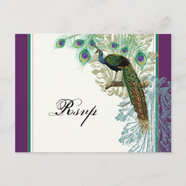 Postal De Invitación Peacock de época, plumas - Postcarta de respuesta  (Anverso)