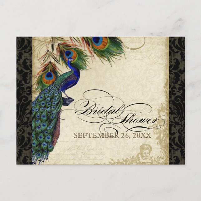 Postal De Invitación Peacock & Feathers Formal Bridal Shower Black Tan (Anverso)
