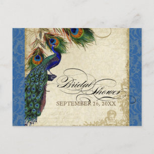 Postal De Invitación Peacock & Feathers Formal Bridal Shower Royal Blue