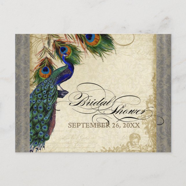 Postal De Invitación Peacock & Feathers Formal Bridal Shower Silver (Anverso)