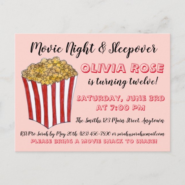 Postal De Invitación Película Noche Sleepover Popcorn Cumpleaños Party (Anverso)