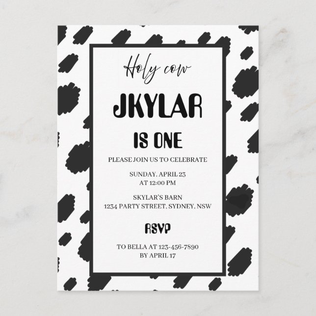 Postal De Invitación Pelo de Vaca Negro Blanco Manchas (Anverso)