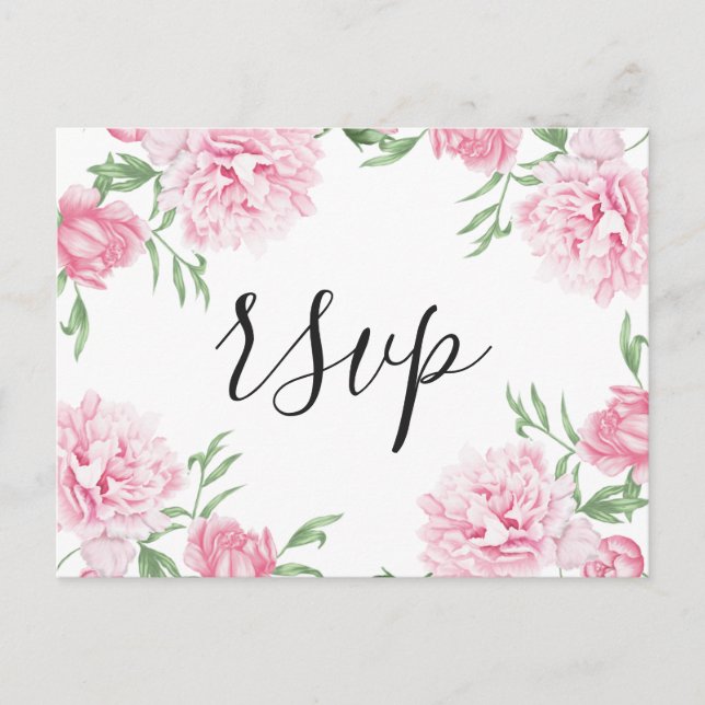 Postal De Invitación Peonia floral Pintada Rosa | RSVP (Anverso)