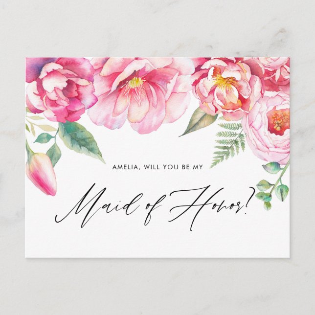 Postal De Invitación Peonies rosados serán mi propuesta de honor (Anverso)
