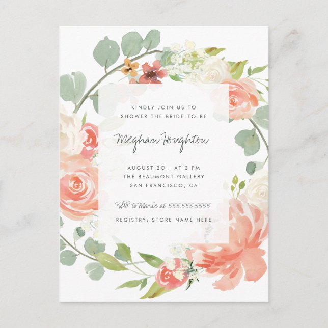 Postal De Invitación Peonis, Rosas y Eucalyptus Wreath Bridal Shower (Anverso)