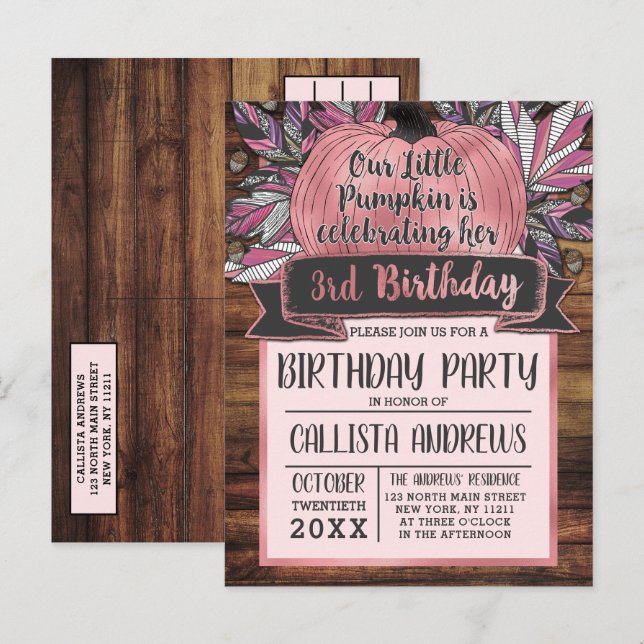 Postal De Invitación Pequeña Caída de Calabaza Sale Madera Rosa Cumplea (Anverso / Reverso)