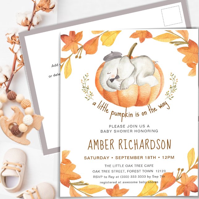 Postal De Invitación Pequeña Calabaza Autumn Elephant Boy Baby Shower (Subido por el creador)