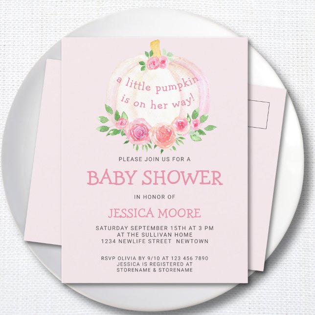 Postal De Invitación Pequeña Calabaza En Camino De Baby Shower Rosa (Subido por el creador)