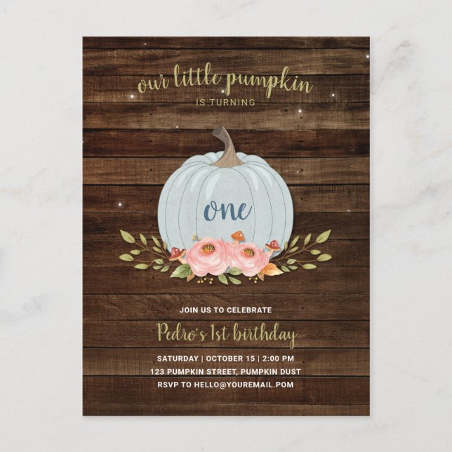 Postal De Invitación Pequeña Calabaza Primer cumpleaños Primer niño Oto (Anverso)