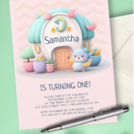 Postal De Invitación Pequeña y pequeña casa con Chica de dragón Cumplea