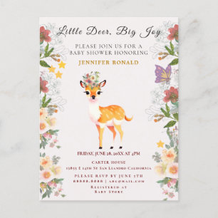 Postal De Invitación Pequeño ciervo, grandes flores rosadas de alegría 