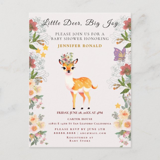 Postal De Invitación Pequeño ciervo, grandes flores rosadas de alegría  (Anverso)