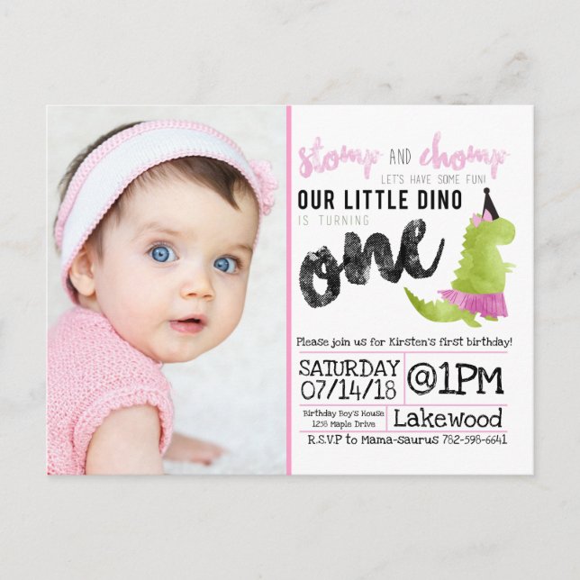 Postal De Invitación Pequeño Dinosaurio Tutu Dinosaurio Rosa Ballerina  (Anverso)