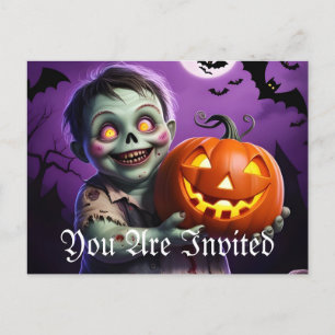 Postal De Invitación Pequeño monstruo verde y amigo de calabaza
