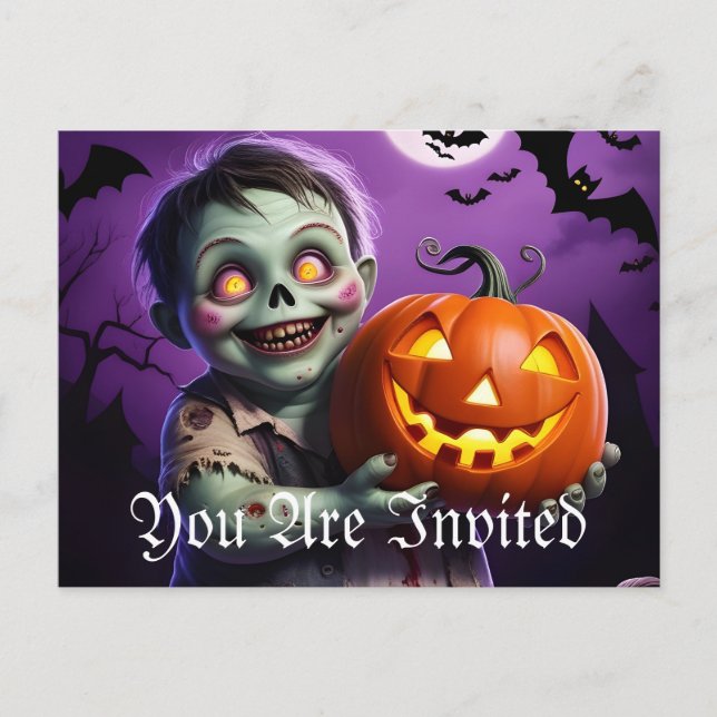 Postal De Invitación Pequeño monstruo verde y amigo de calabaza (Anverso)