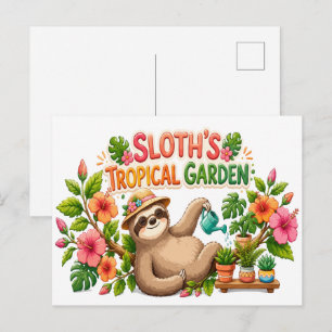 Postal De Invitación Perezoso Lindo Regando Plantas Jardín Tropical