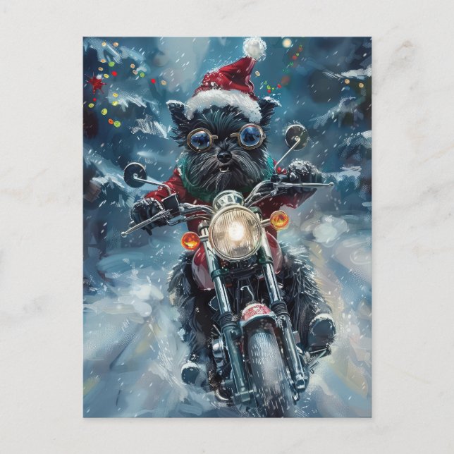 Postal De Invitación Perrito Affenpinscher Montando Motocicleta Navidad (Anverso)