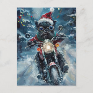 Postal De Invitación Perro Affenpinscher montando motocicleta Navidad