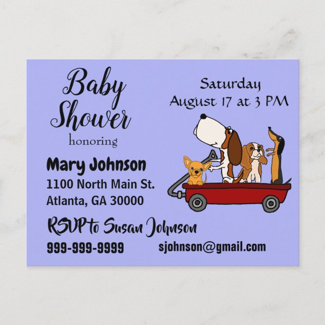 Postal De Invitación Perros divertidos en el Baby Shower del vagón (Anverso)
