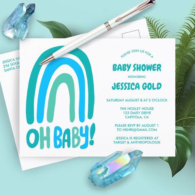 Postal De Invitación Personalizado de arcoiris azul dulce de BABY SHOWE (OH BABY SHOWER Sweet Blue Rainbow CUSTOM Invitation Postcard Baby Shower Baby SPrinkle Cute)