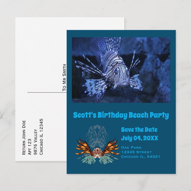 Postal De Invitación Personalizado de Lionfish Fiesta Birthday Beach Fo (Anverso / Reverso)
