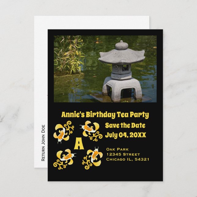 Postal De Invitación Personalizado Koi Fiesta de té de cumpleaños foto (Anverso / Reverso)