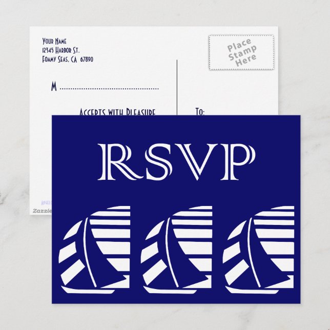 Postal De Invitación Personalizado RSVP Blue White Sailboat Fiesta post (Anverso / Reverso)