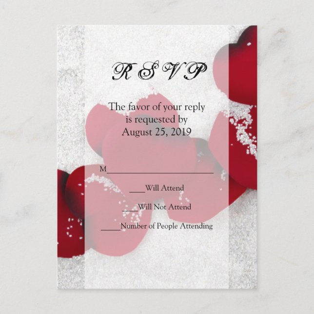 Postal De Invitación Pétalos de rosa rojo en nieve, boda de invierno (Anverso)
