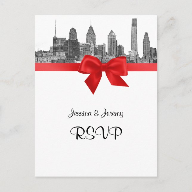 Postal De Invitación Philadelphia Skyline Etch BW Red RSVP 1 (Anverso)