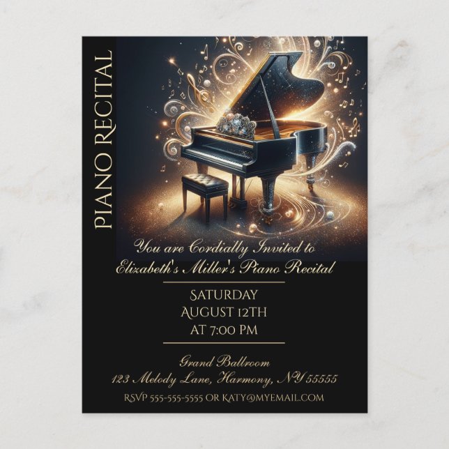 Postal De Invitación Piano Recital Baby Grand (Anverso)