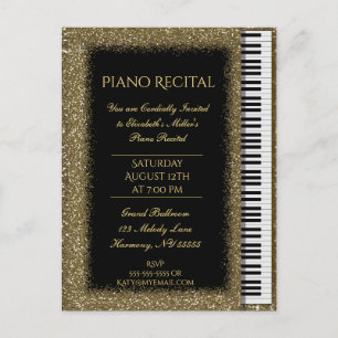 Postal De Invitación Piano Recital Gold Purpurina Baby Grand