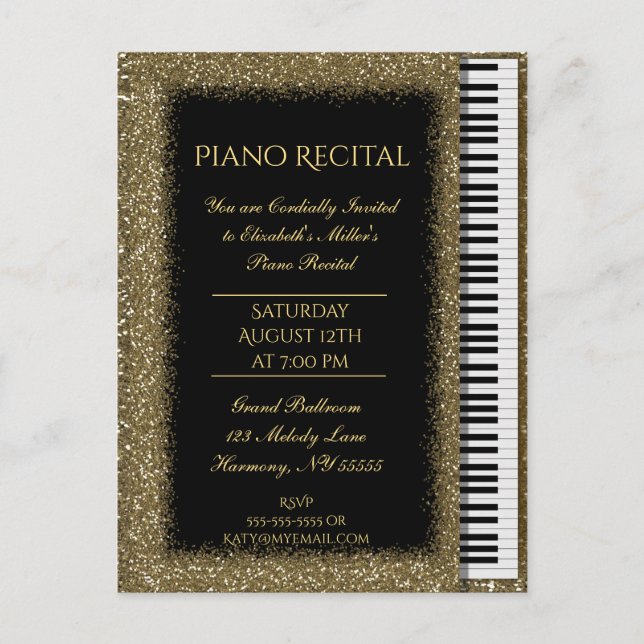 Postal De Invitación Piano Recital Gold Purpurina Baby Grand (Anverso)