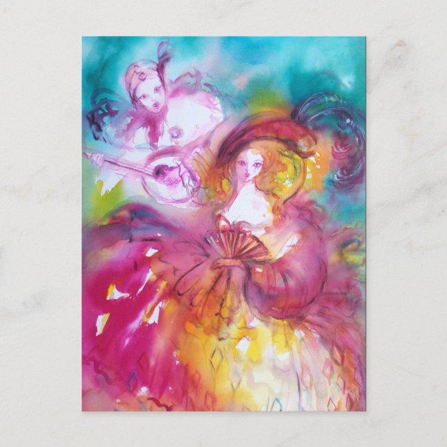 Postal De Invitación PIERROT Y ARLECCHINA / Mascarada veneciana (Anverso)