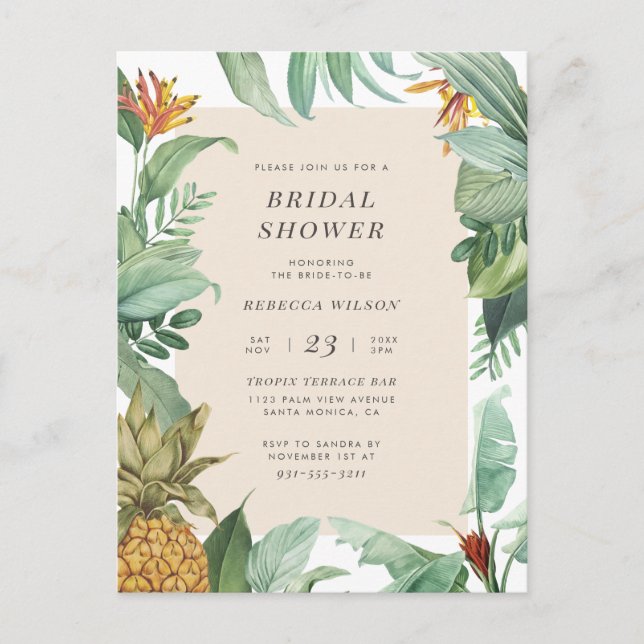 Postal De Invitación Piña y hojas tropicales Ducha de novias de verano (Anverso)