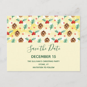 Postal De Invitación Piñas y Acebo Patrón de Invierno Save the Date