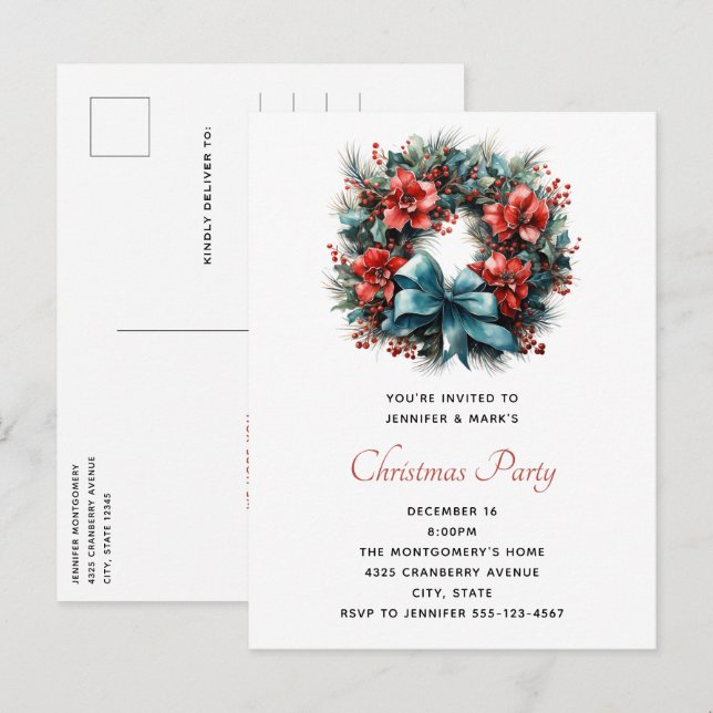 Postal De Invitación Pine Wreath con Navidades Holly (Anverso / Reverso)