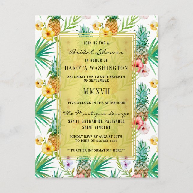 Postal De Invitación Pineapple tropical e Hibiscus Bridal Shower (Anverso)