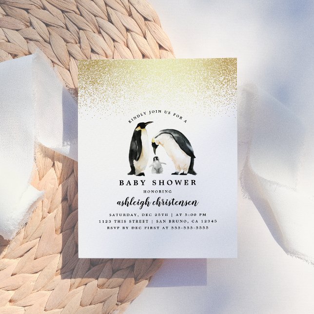 Postal De Invitación Pingüino | Baby Shower neutral de género invernal (Subido por el creador)
