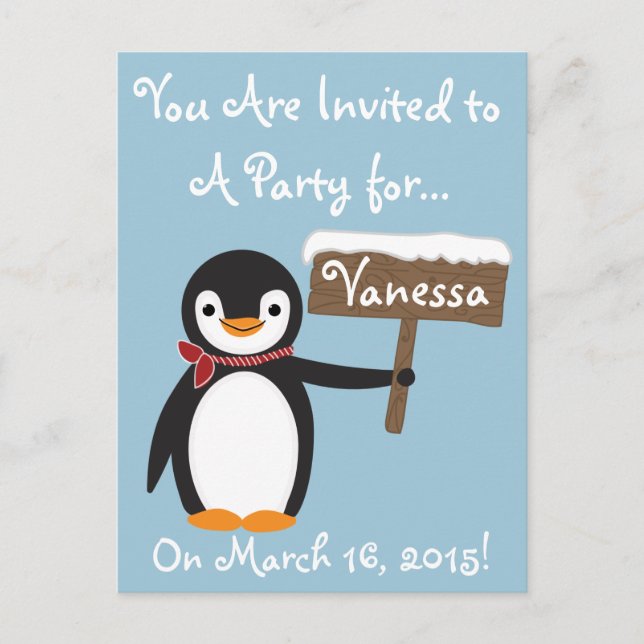 Postal De Invitación Pingüino lindo con Personalizable a rayas (Anverso)