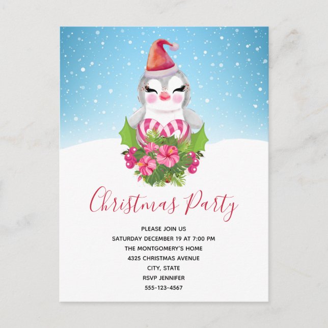Postal De Invitación Pingüino Navidad lindo en Fiesta de Navidad de San (Anverso)