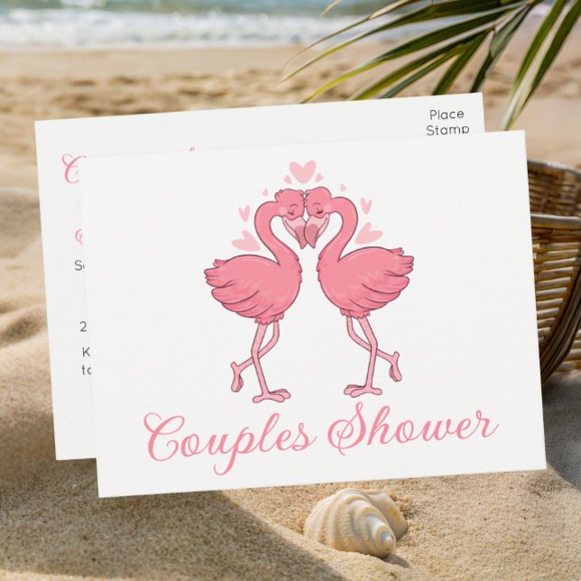 Postal De Invitación Pink Flamingo Tropical Beach Couples Bridal Shower (Subido por el creador)