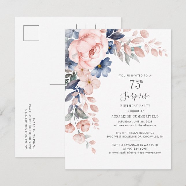 Postal De Invitación Pink Floral 75º cumpleaños acuarela botánica (Anverso / Reverso)