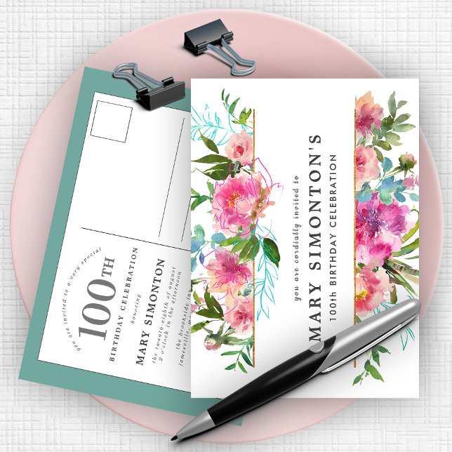 Postal De Invitación Pink Peony 100 cumpleaños (Subido por el creador)